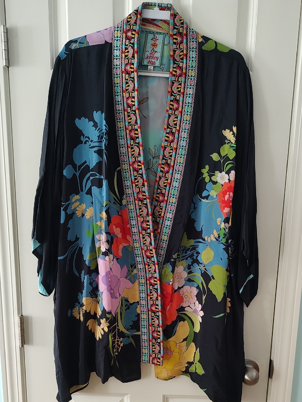 Johnny Was Black Floral Silk Kimono Tunic with Multicolor Embroidered Trim